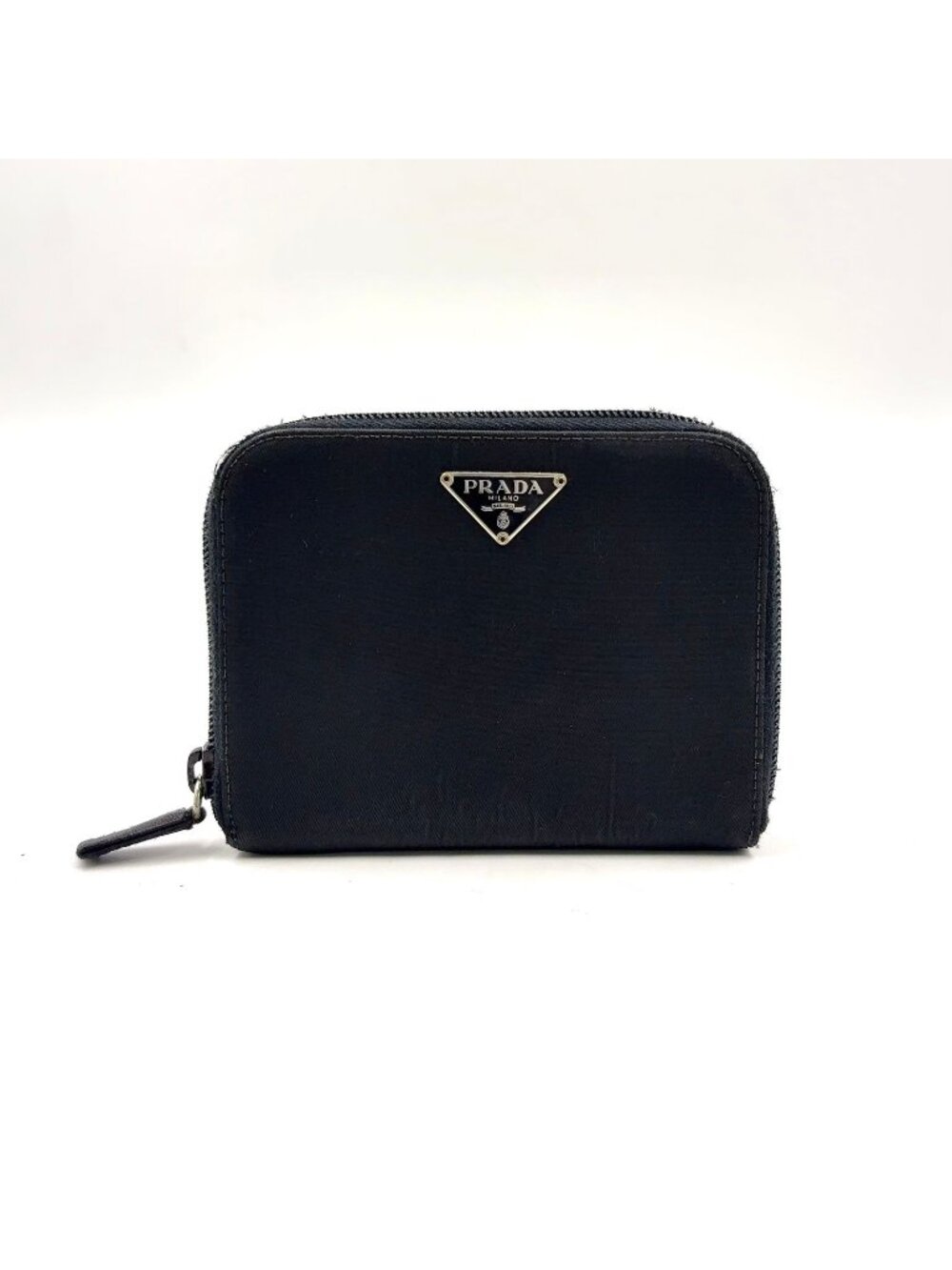 Prada Zip Around Leather Nylon Black Wallet Silver